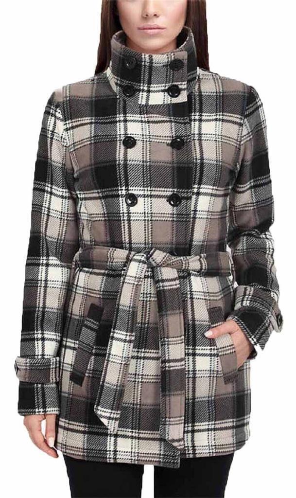 Ike Behar Womens Double Breasted Fleece Belted Jacket, Taupe Plaid, S